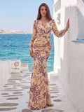Elegant Floral Print Chiffon Evening Gown With Mermaid Silhouette – Luxurious Elegance For Red Carpet Events, Weddings, Art Gallery Openings, Gala Dinners, And High-End Social Gatherings,Vacation Essentials