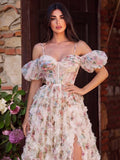 Floral Tulle Off Shoulder Cascading Ruffle Hem Slip Prom Dress