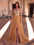 Luxurious Beaded Tulle Evening Gown – Front Strapless Silhouette With Crystal Beads Accents & Sheer Sleeves, Back Crisscross Backstrap Design & Fluid Cascading Tulle Skirt For Luxury Galas, Red Carpet Galas & Opera Performances