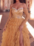 Luxurious Beaded Tulle Evening Gown – Front Strapless Silhouette With Crystal Beads Accents & Sheer Sleeves, Back Crisscross Backstrap Design & Fluid Cascading Tulle Skirt For Luxury Galas, Red Carpet Galas & Opera Performances