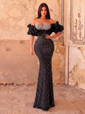Luxury Off-Shoulder Pearl Beaded Gown | Tulle Ruffle Mermaid Silhouette with High Slit & Corset Back | Formal Evening Dress for Weddings, Galas, Prom