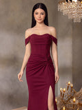 Teen Girls' Charming Off-Shoulder Twisted Bust Design Long Dress, Suitable For Teenagers, Front Slit And Cinched Waist Back - Ideal For Parties, Evenings, Ceremonies, Celebrations