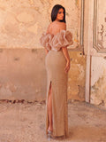 Luxury Off-Shoulder Pearl Beaded Gown | Tulle Ruffle Mermaid Silhouette with High Slit & Corset Back | Formal Evening Dress for Weddings, Galas, Prom