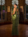 Elegant Strapless Velvet Mermaid Gown, Adorned With Dense Beading, Fitted Silhouette, Can Be Paired With Transparent Beaded Neck Scarf - An Ideal Choice For Weddings, Formal Galas, Red Carpet Events, And Formal Receptions.