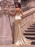 Ruched Bustier Wrap Hem Satin Mermaid Dress