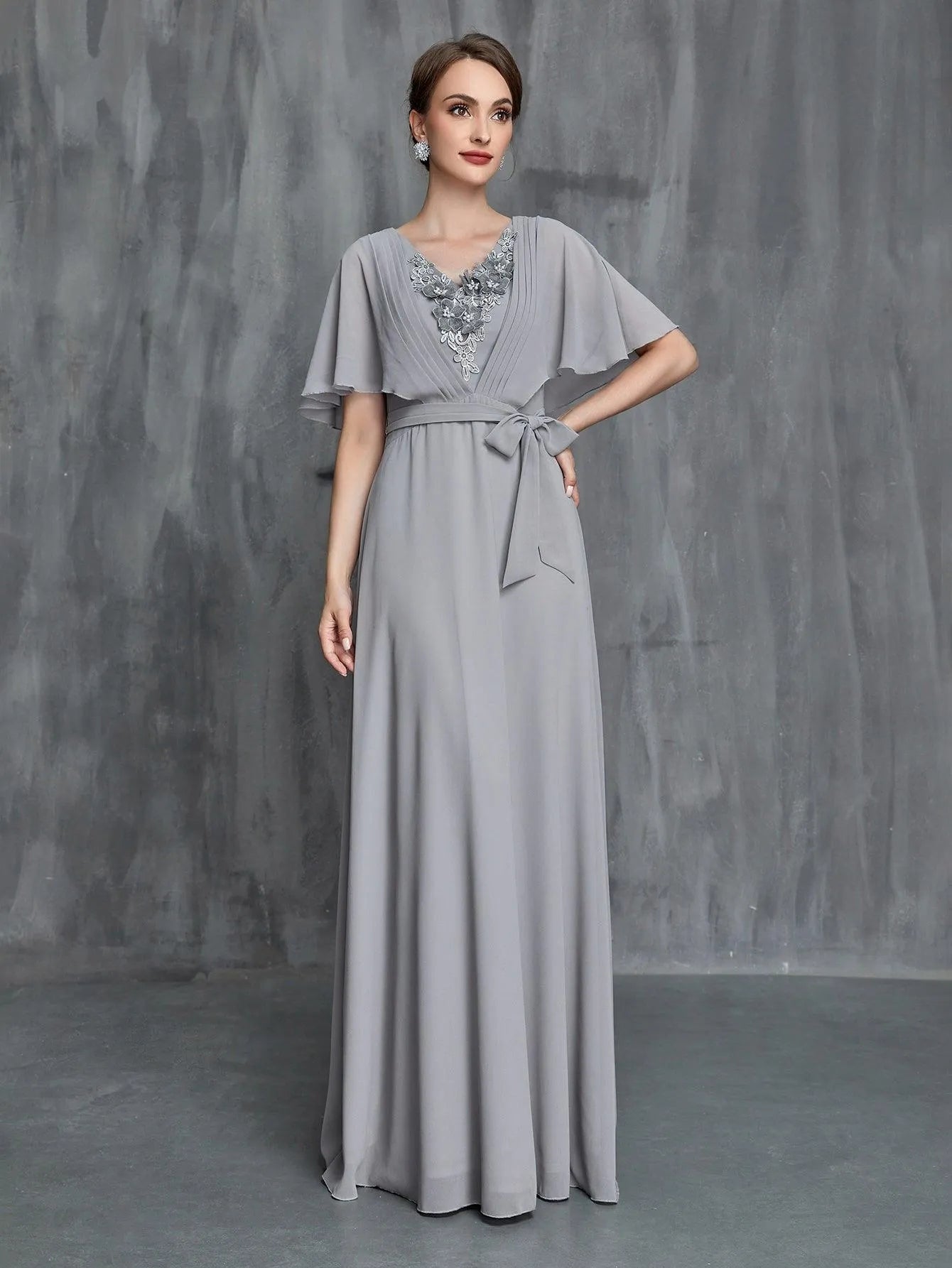 Womens' Applique Detail Butterfly Sleeves Chiffon Belted Dress - Elonnashop