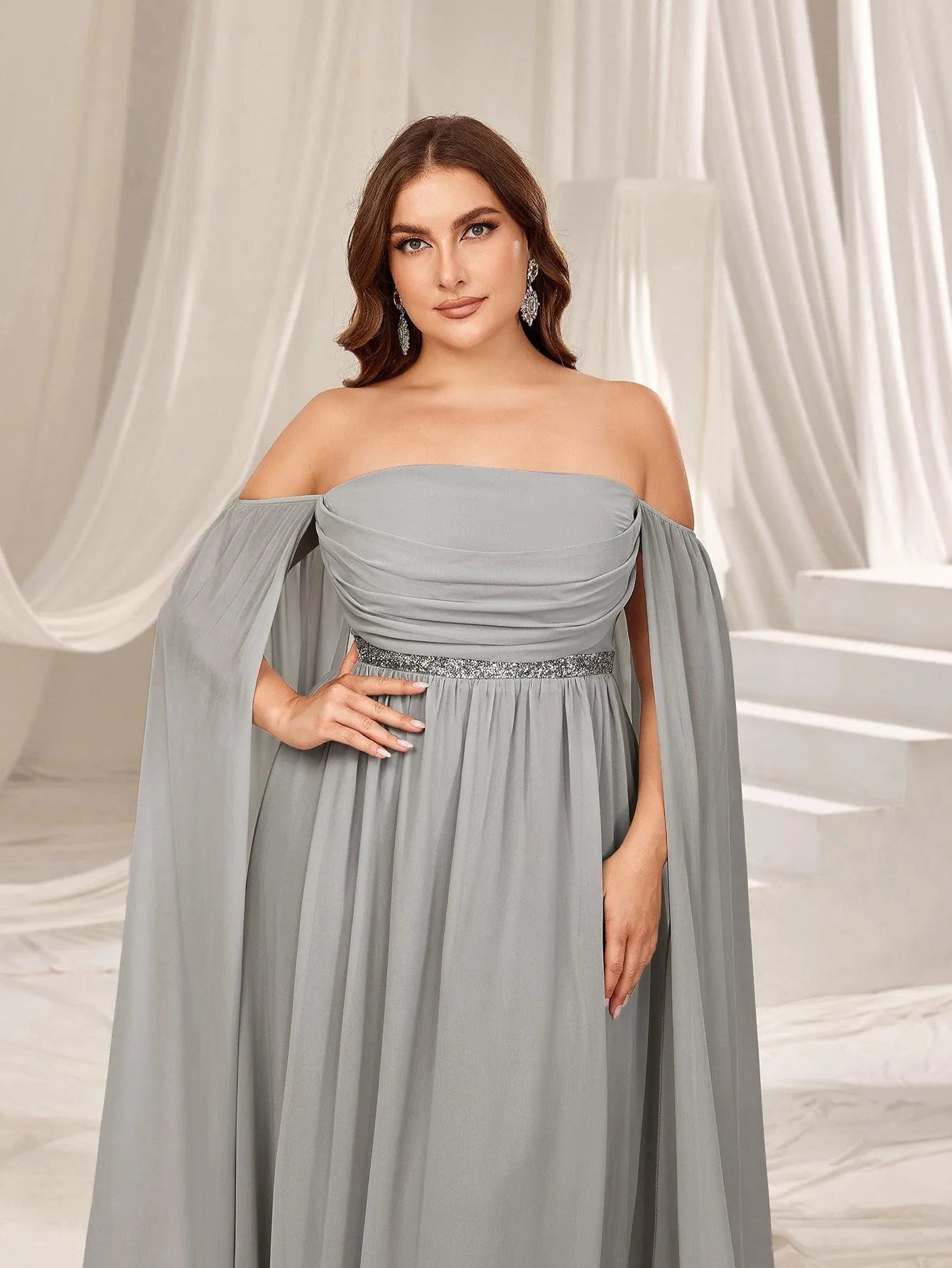 Plus Off Shoulder Extra-Long Sleeves Chiffon Prom Dress - Elonnashop