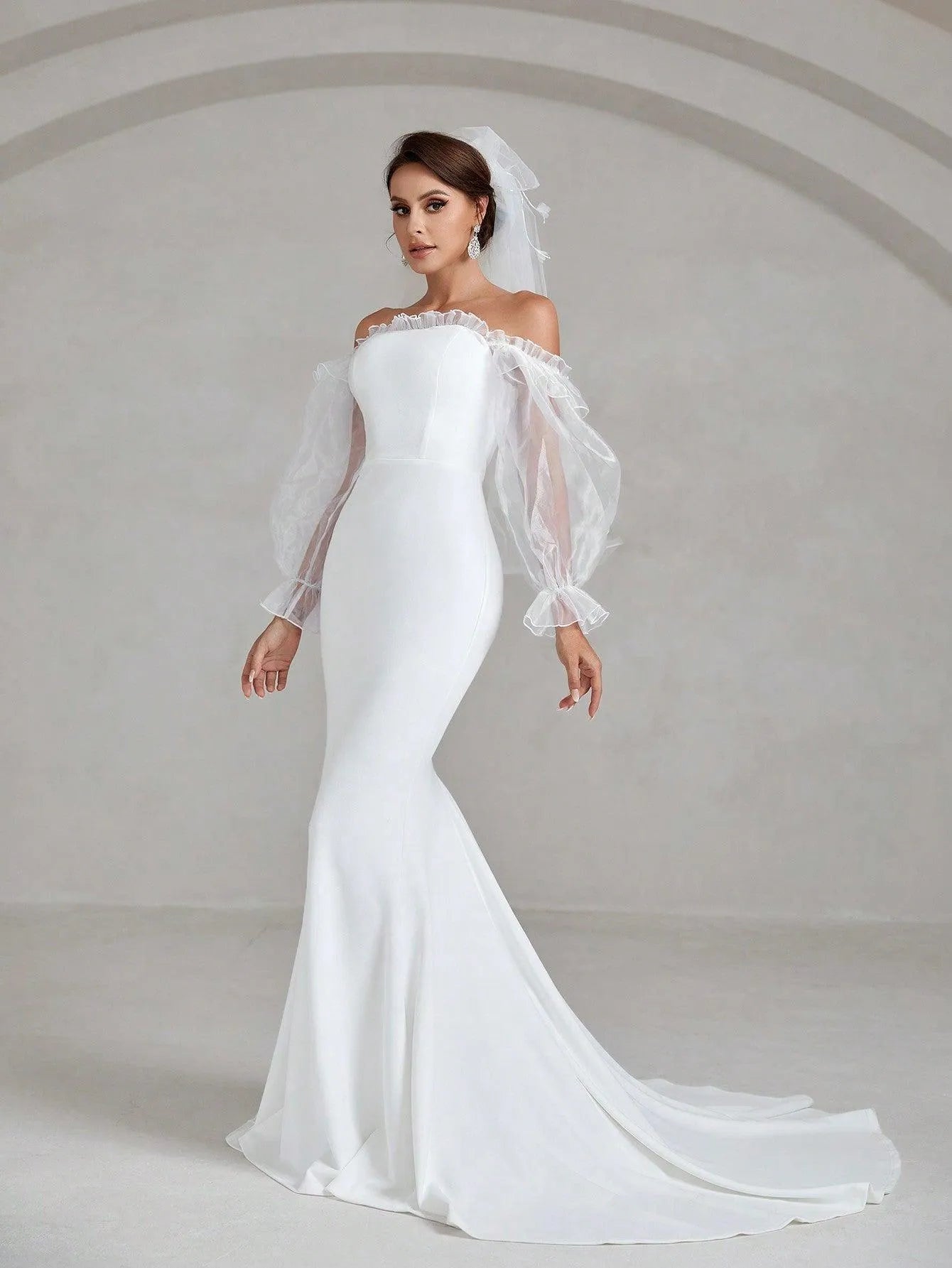 Off Shoulder Flounce Sleeve Maxi Mermaid Hem Wedding Dress - Elonnashop