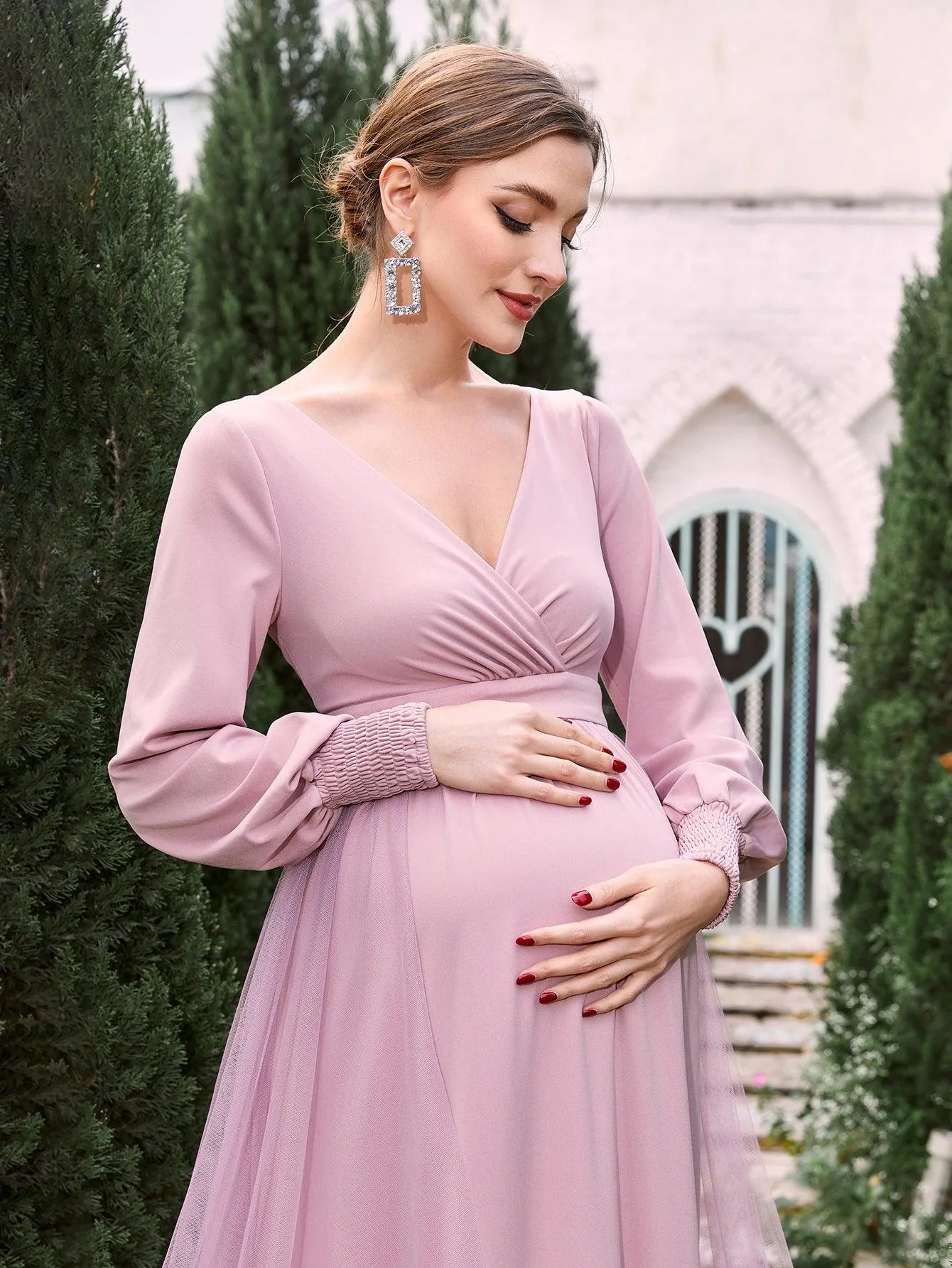 Maternity Solid Surplice Neck Mesh Overlay Formal Dress - Elonnashop