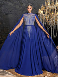 Elegant Chiffon Evening Gown with Beaded Sequin Embroidery Vertical Stripes, Cape-Style Sleeves, Flowy Skirt and Waist Belt Accent