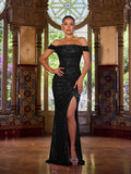 Off Shoulder Ruched Wrap Hem Sequin Dress