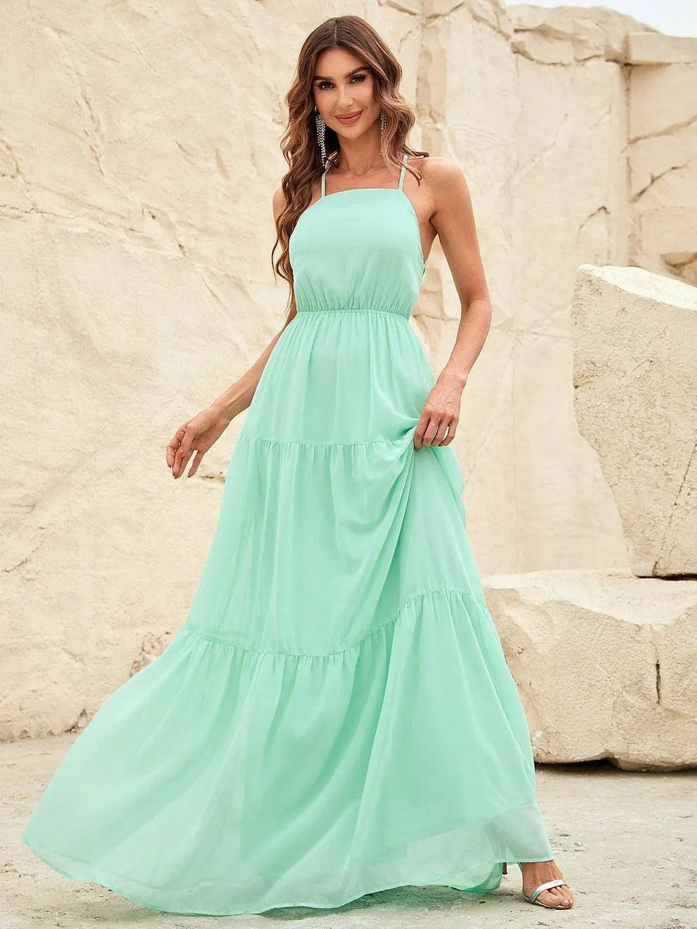 Back Lace Up Chiffon Tiered Maxi Dress - Elonnashop