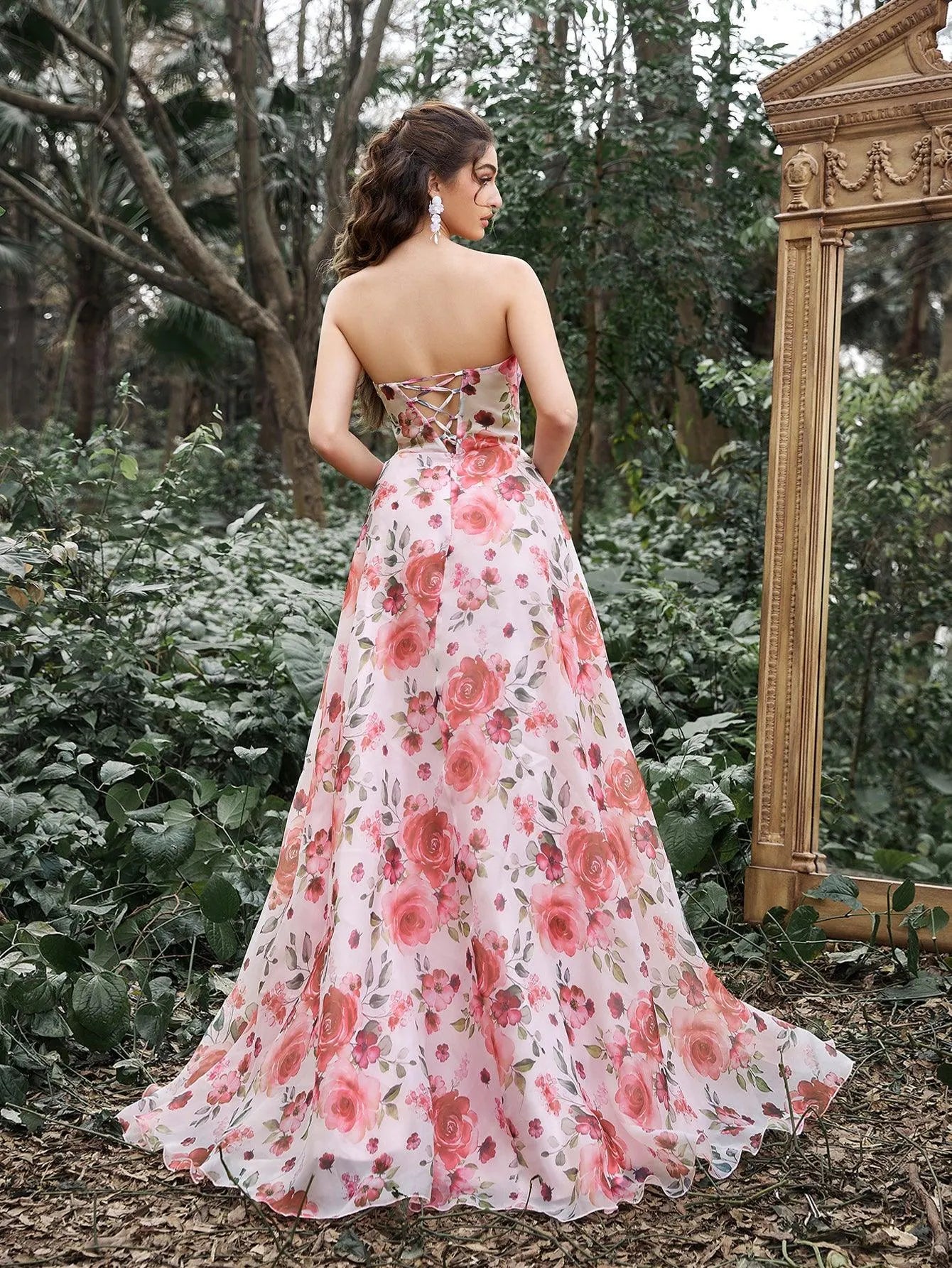 Elegant Lace UP Back Floral Printed Organza Prom Tube Dress - Elonnashop