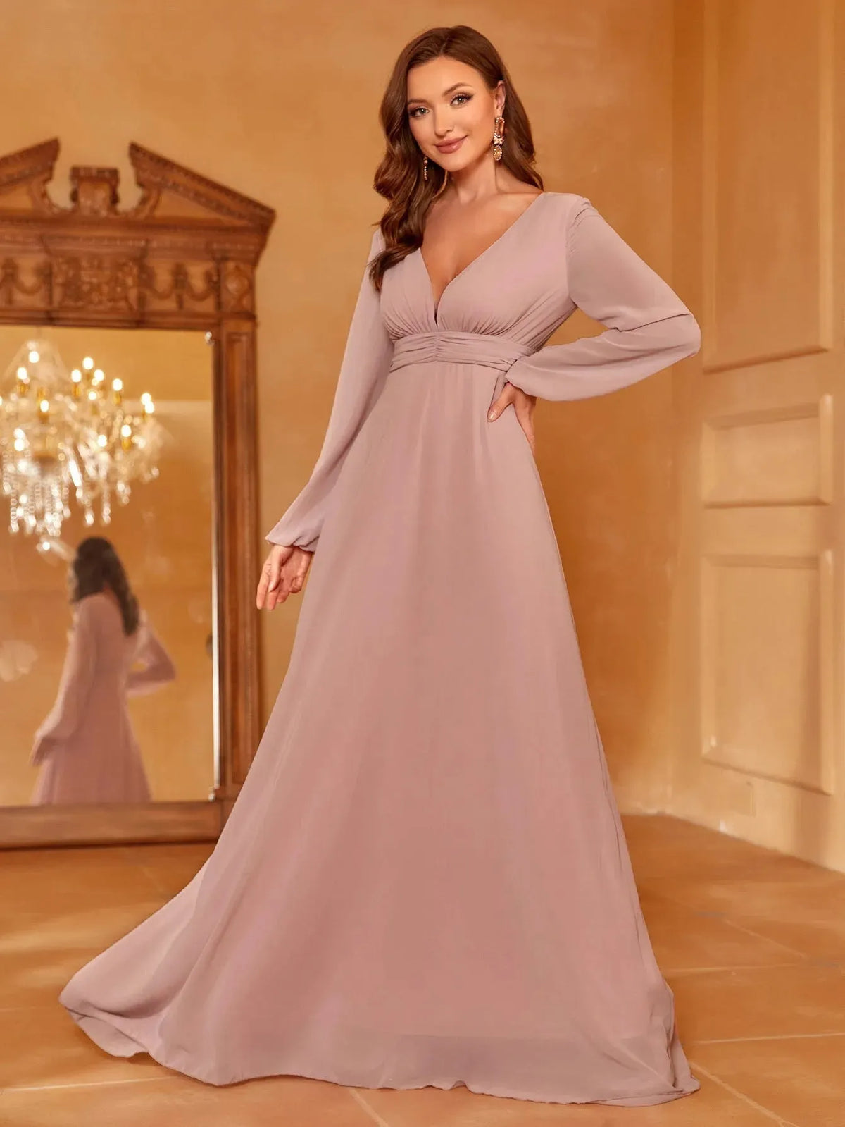 Solides Chiffon-Brautjungfernkleid mit tiefem Ausschnitt und Laternenärmeln 