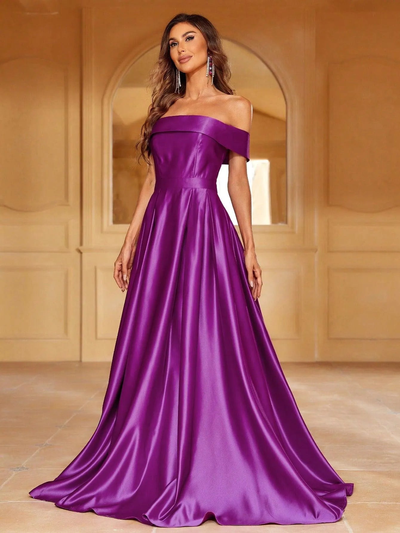 Off Shoulder Floor Length Satin A Line Dress - Elonnashop