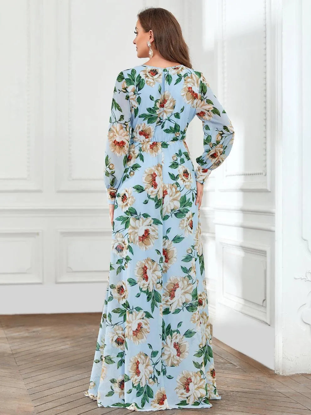 Elegant V Neck Long Sleeve Chiffon Floral Print Dress - Elonnashop