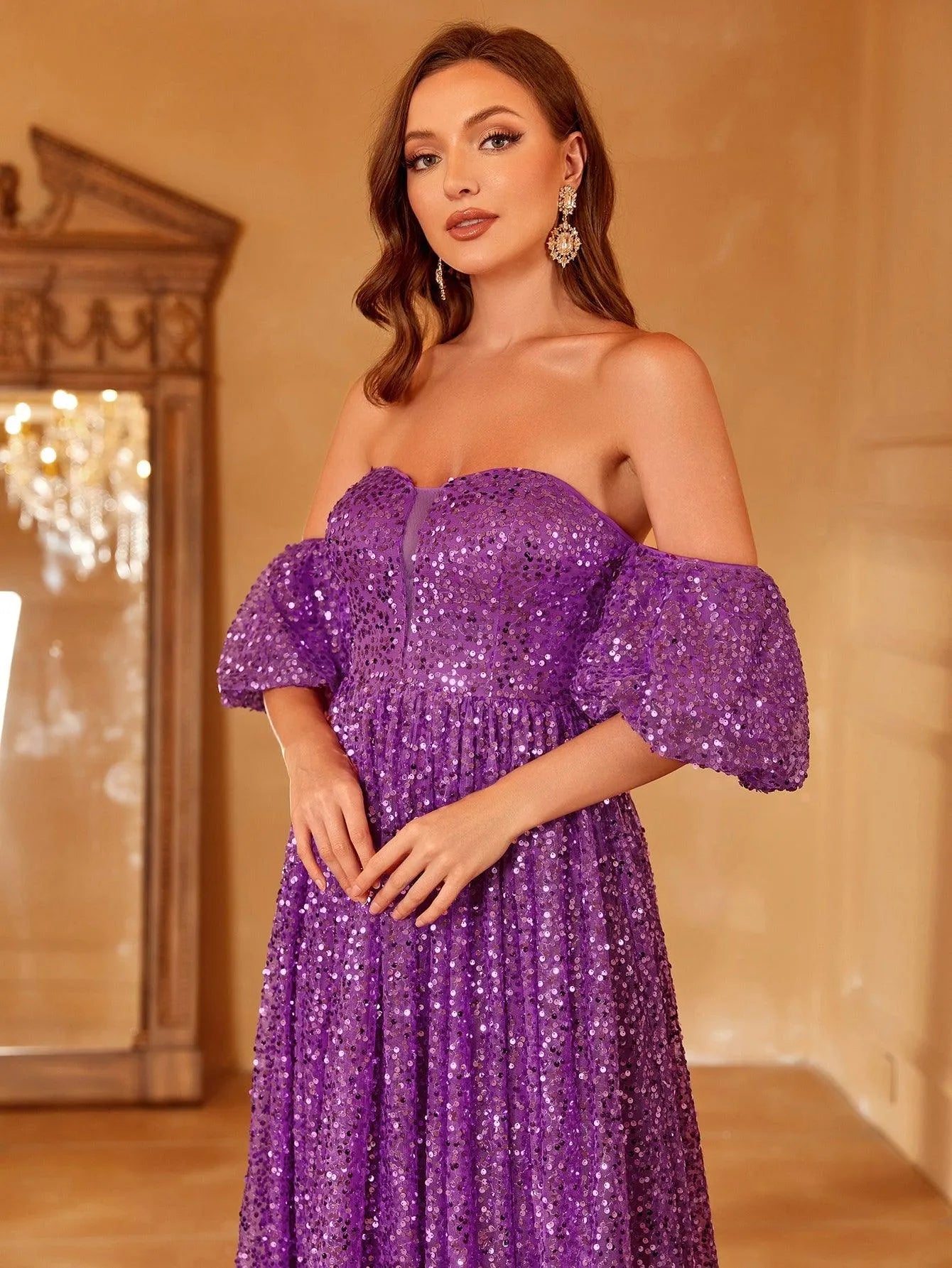 Off Shoulder Puff Sleeve Sequin A Line Dresses - Elonnashop