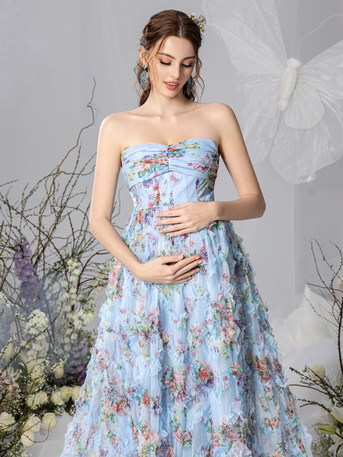 Maternity Strapless Ruffle Trim Floral Mesh Party Dress