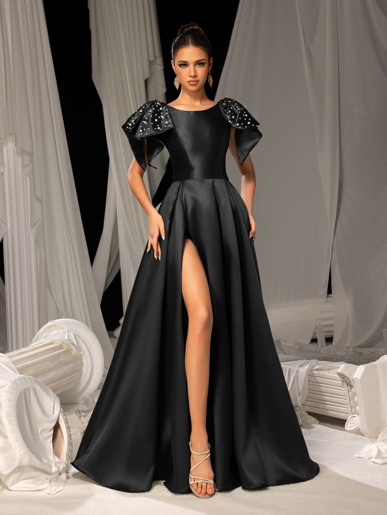 Elegant Satin Evening Gown with Bow Shoulder & Dramatic High Slit – Luxurious Evening Wear for Red Carpet, Formal Galas & Wedding Receptions