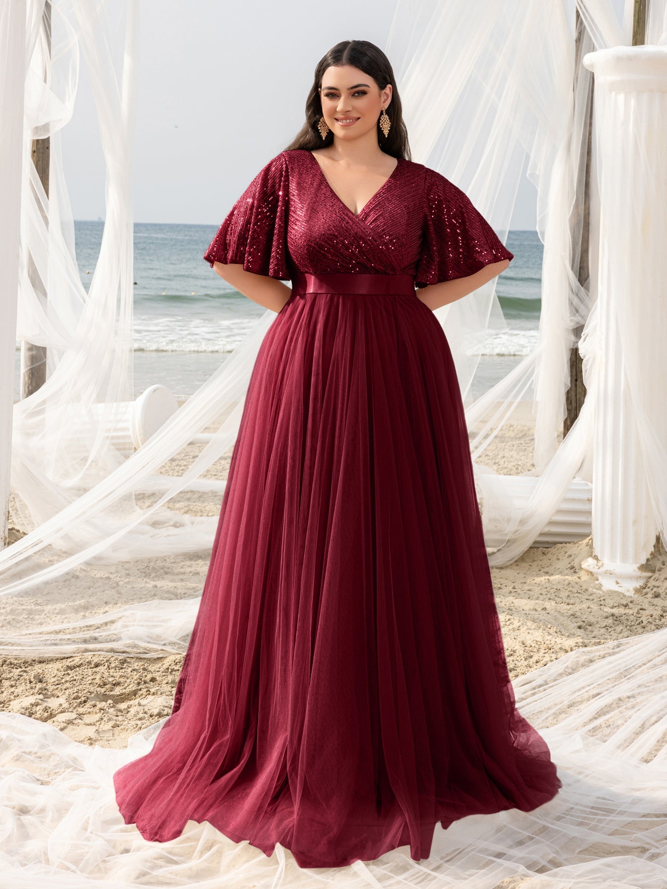 Plus Elegant Surplice Neck Butterfly Sleeves Sequin Evening Dress