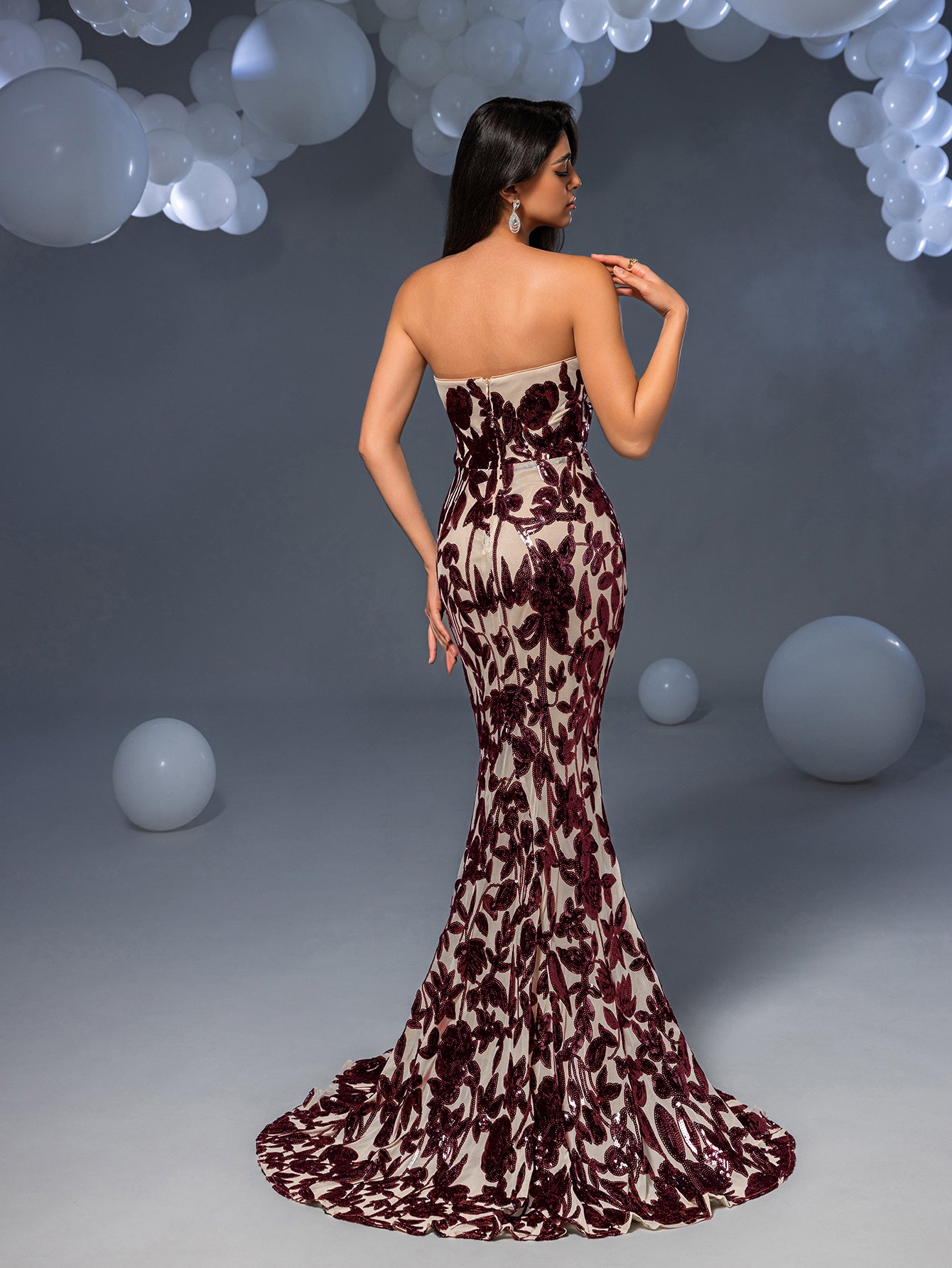 Elegant Strapless Mermaid Hem Floral Sequin Evening Dress