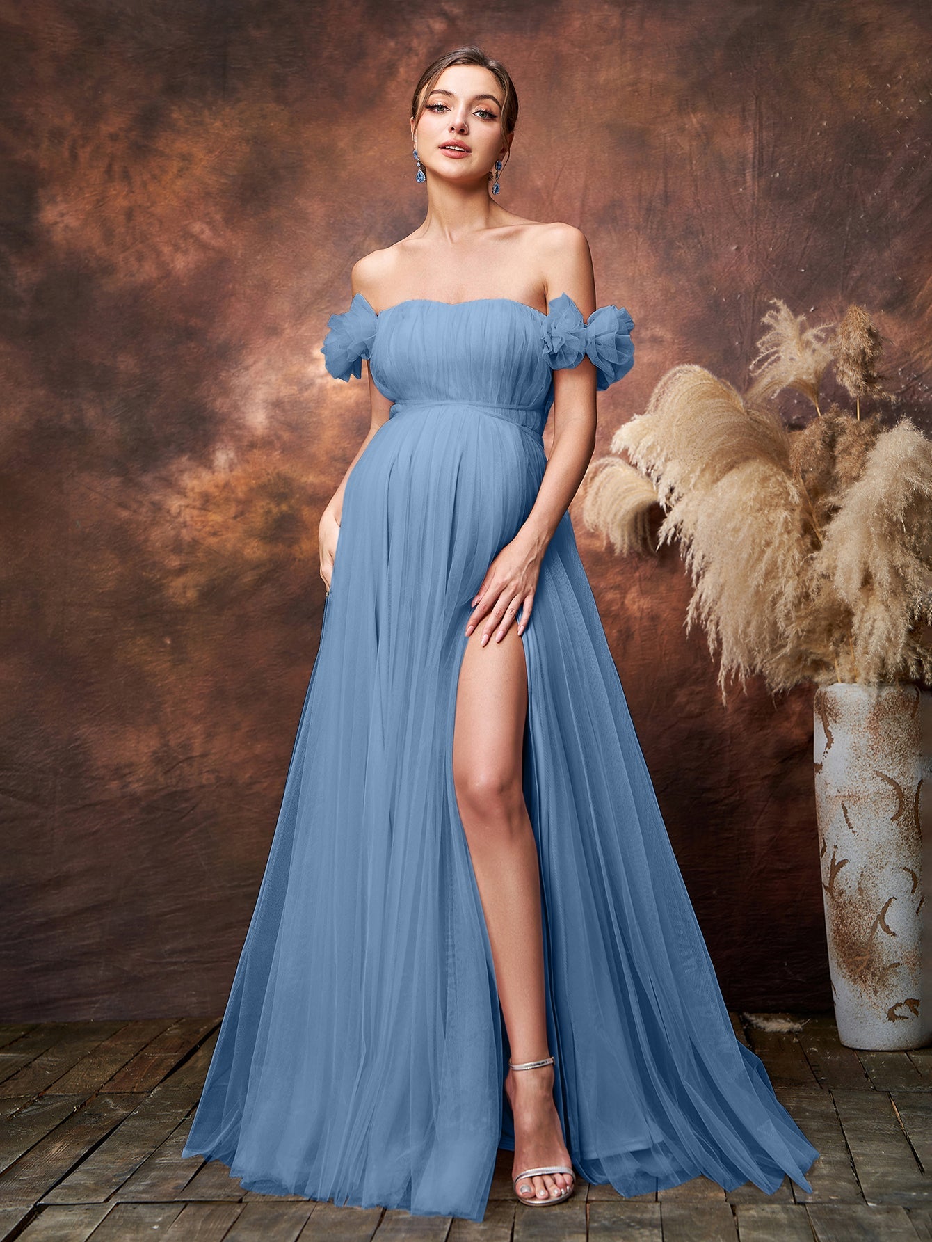 Maternity Off Shoulder Ruched Bust Split Tulle Evening Dress