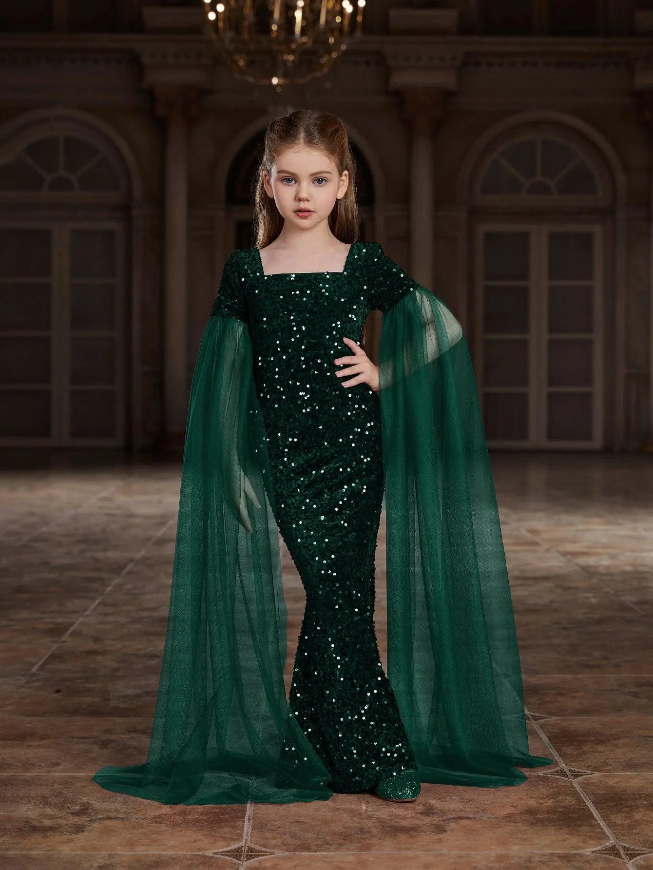 Tween Girls' Square Collar Cloak Sleeves Sequin Mermaid Dress - Elonnashop