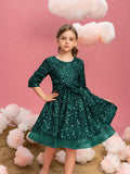 Tween-Mädchen-Partykleid mit Schleifendetail und 3/4-Ärmeln und Pailletten 