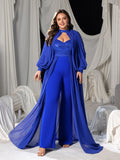 Plus Lantern Sleeves Chiffon Overlay Sequin Party Jumpsuit