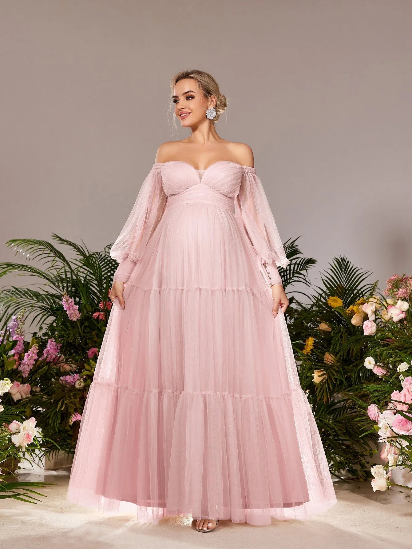 Maternity Off Shoulder Bishop Sleeves Tulle Party Dress