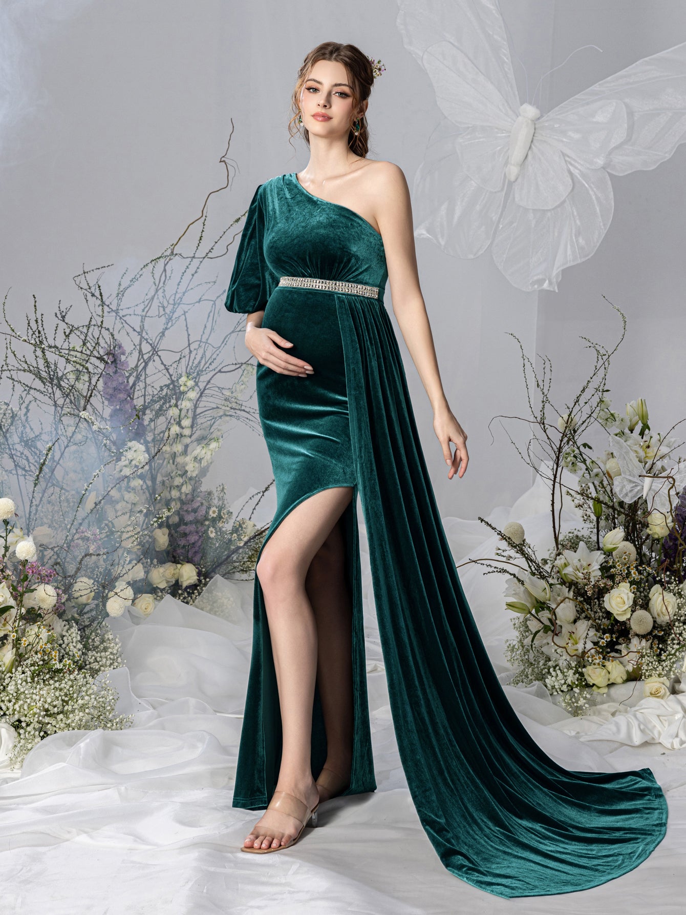 Maternity One Shoulder Split Mermaid Hem Velvet Evening Dress