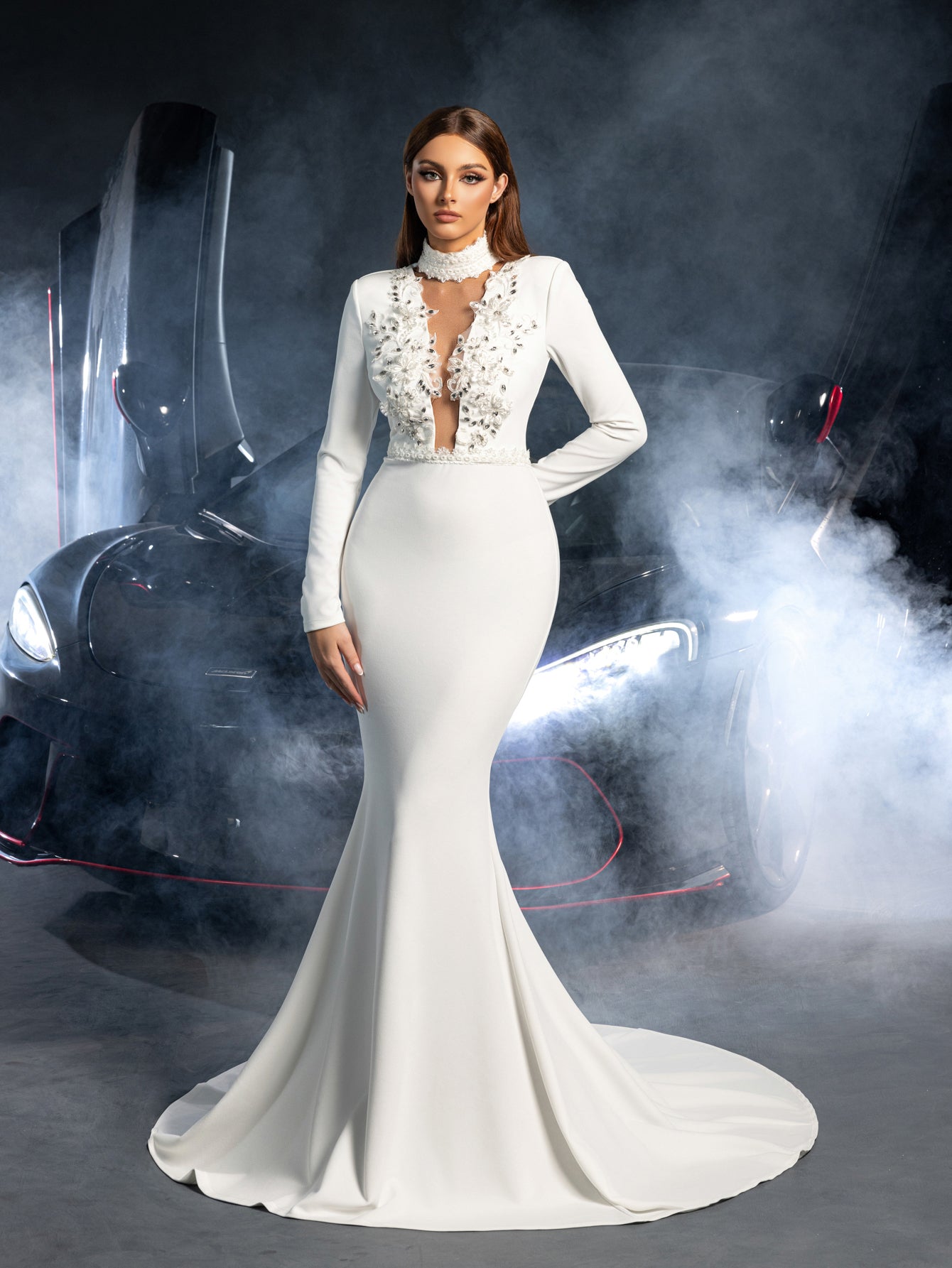 Elegant Applique Embellished Mock Neck Long Sleeves Mermaid Hem Wedding Dress