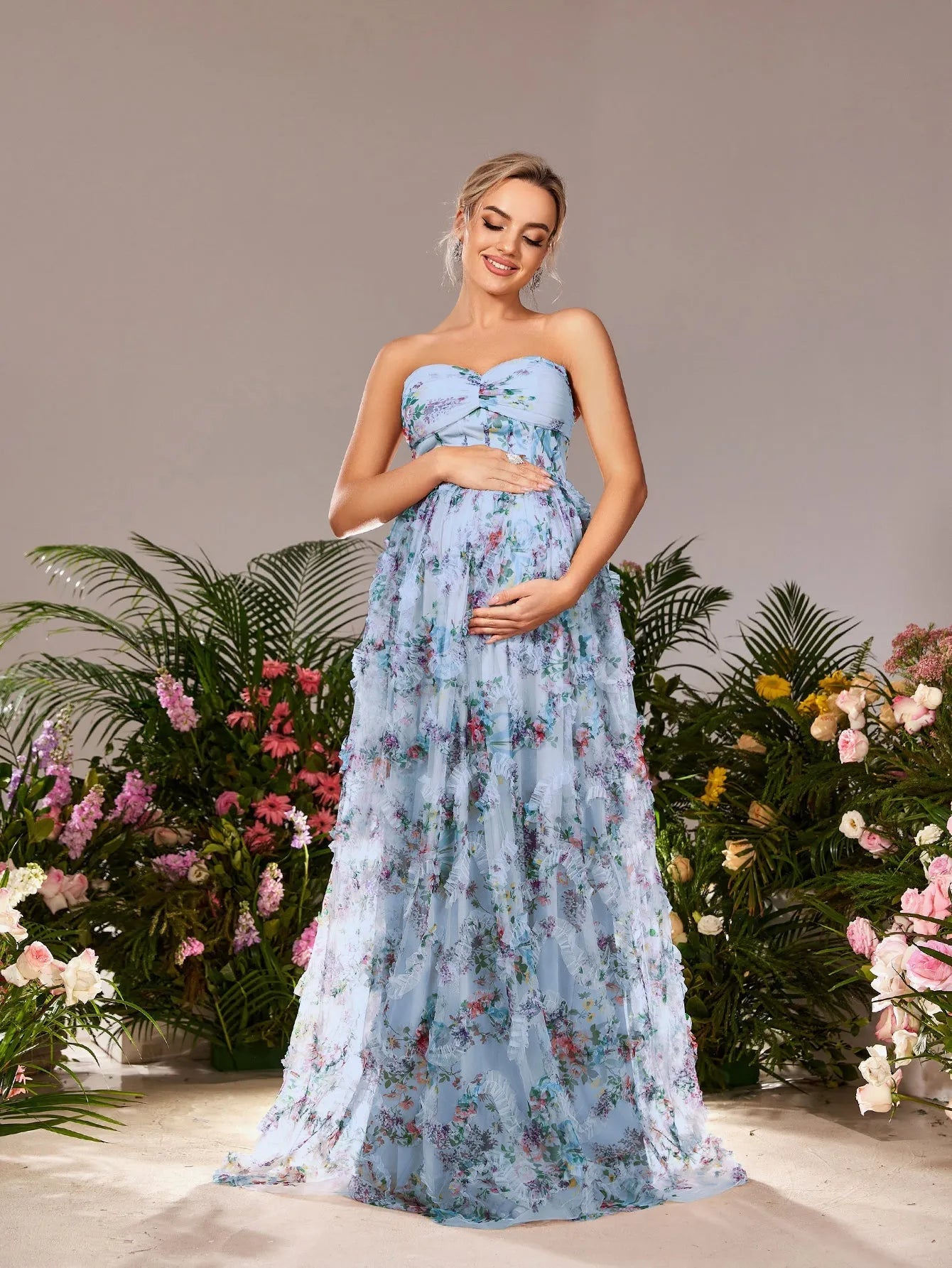 Maternity Strapless Ruffle Trim Floral Mesh Party Dress