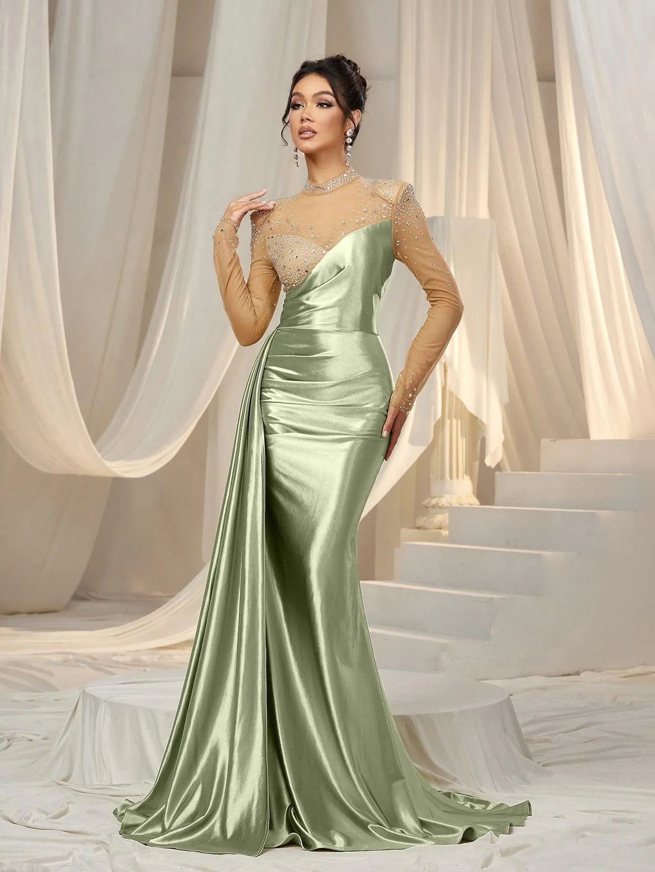 Rhinestone Detail Mock Neck Satin Mermaid Prom Dress - Elonnashop