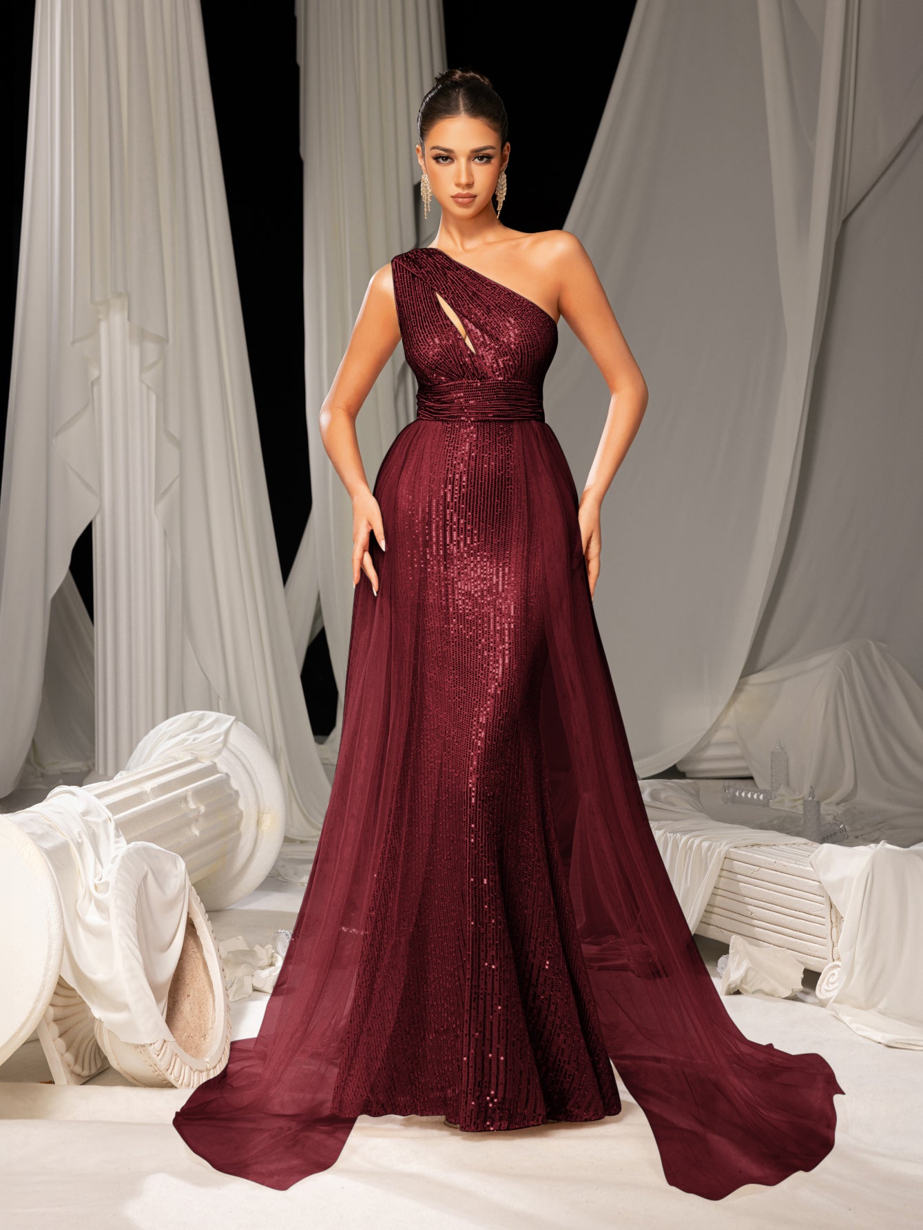 Elegant One Shoulder Sleeveless Mesh Overlay Sequin Formal Prom Dress Evening Dress