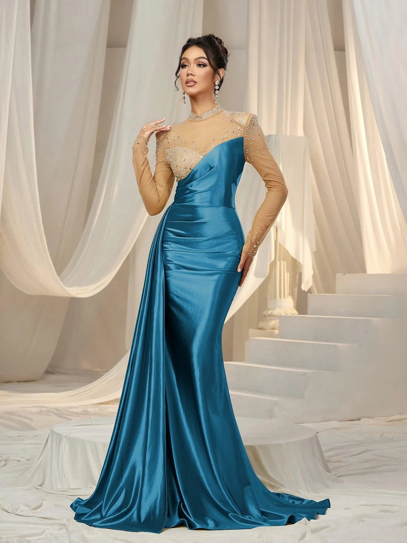 Rhinestone Detail Mock Neck Satin Mermaid Prom Dress - Elonnashop