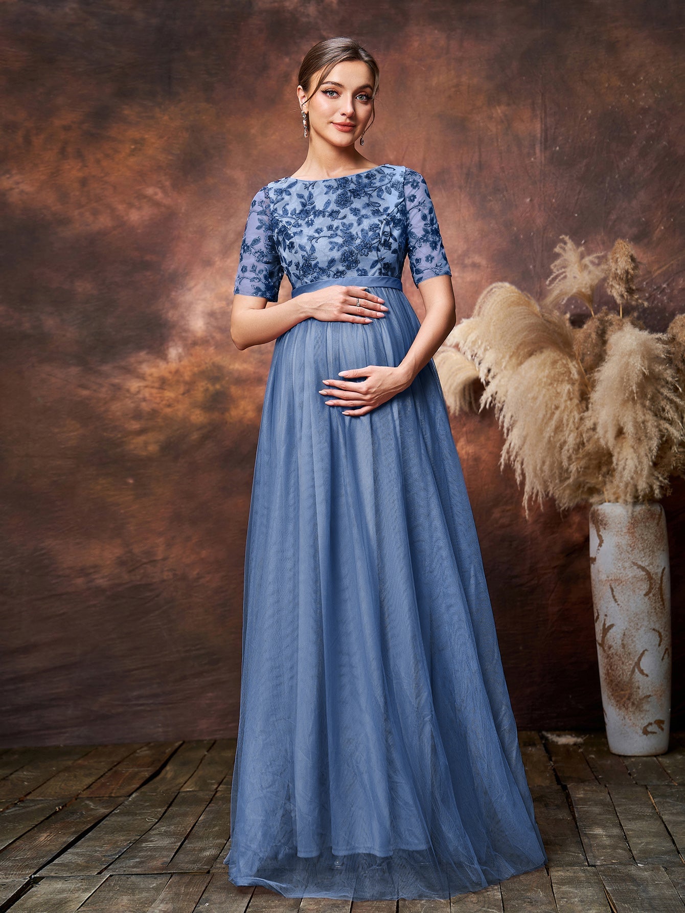 Maternity Floral Sequin Embroidered Bodice Formal Party Dress