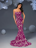 Elegant Strapless Mermaid Hem Floral Sequin Evening Dress