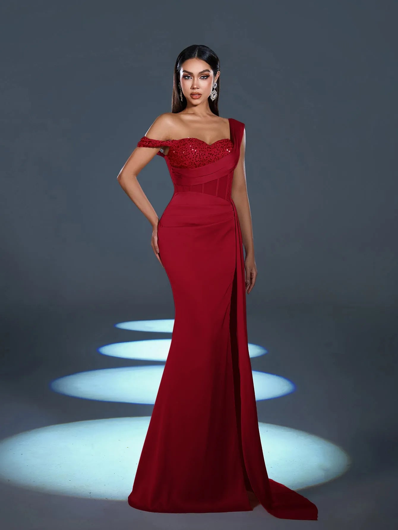 Elegant Asymmetrical Neck Split Mermaid Hem Satin Evening Dress