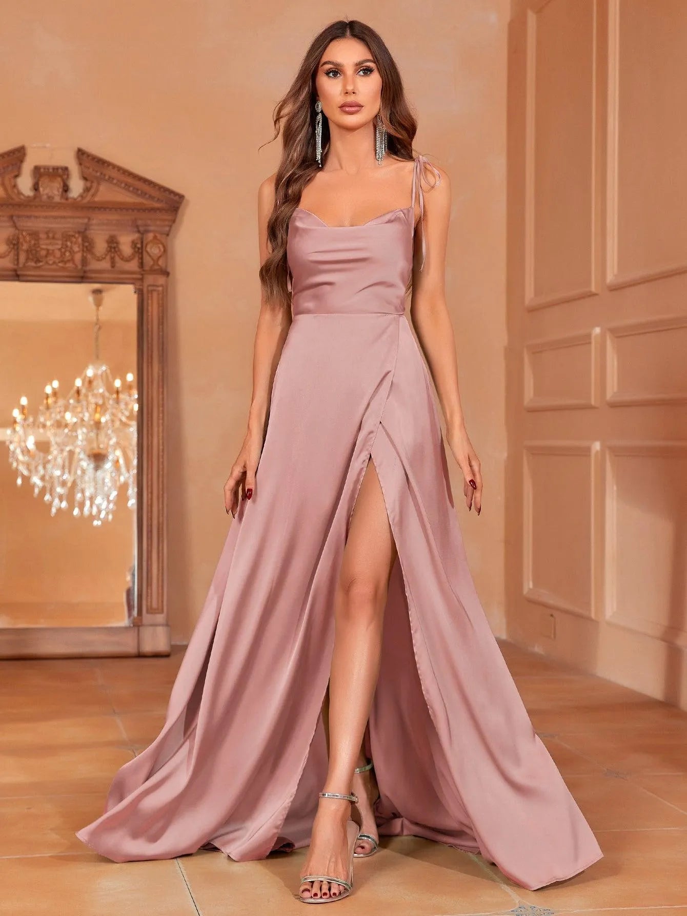 Elegant Tie Shoulder Satin Bridesmaid Dress - Elonnashop