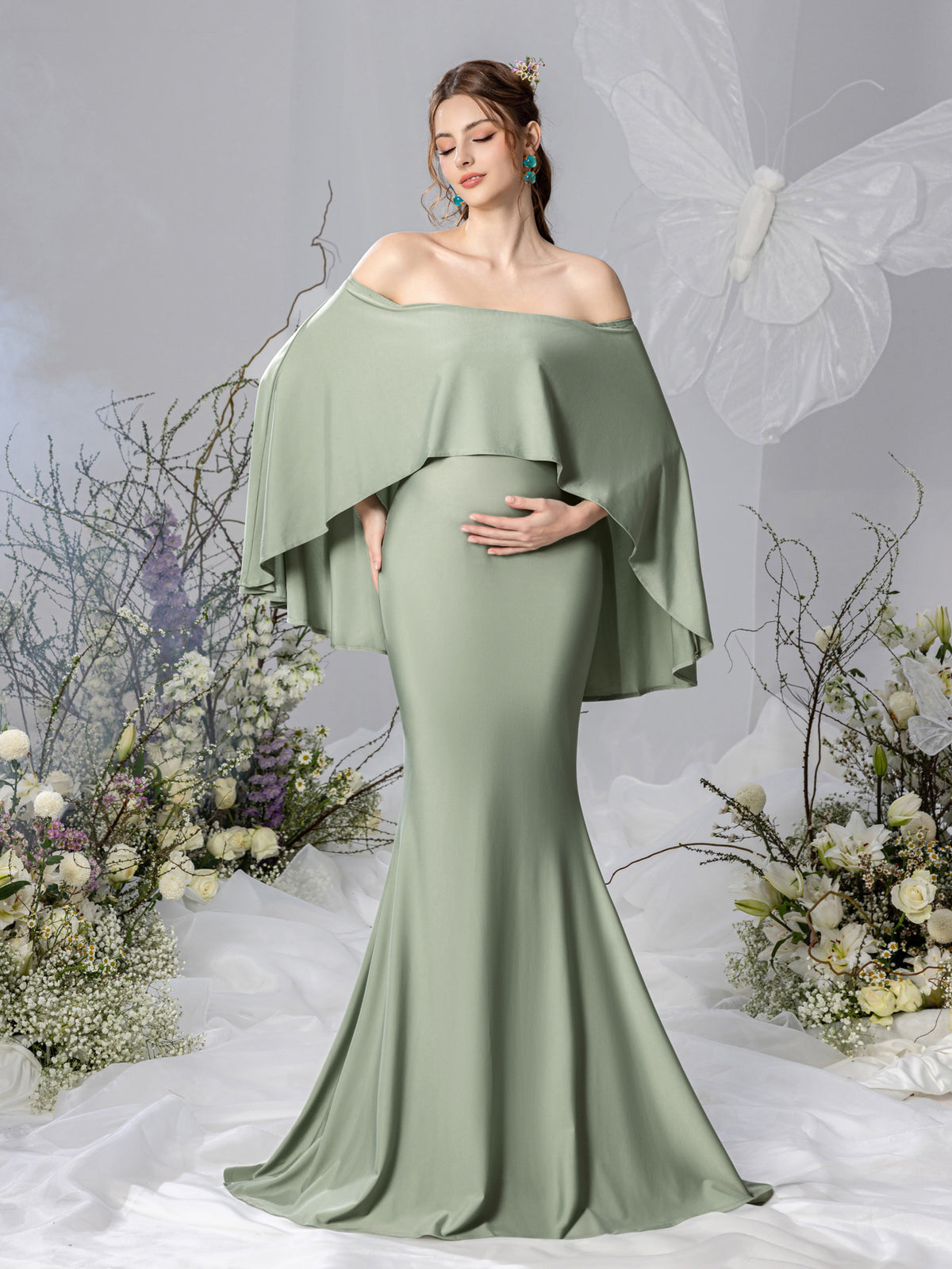 Maternity Off Shoulder Cape Sleeves Mermaid Hem Evening Dress