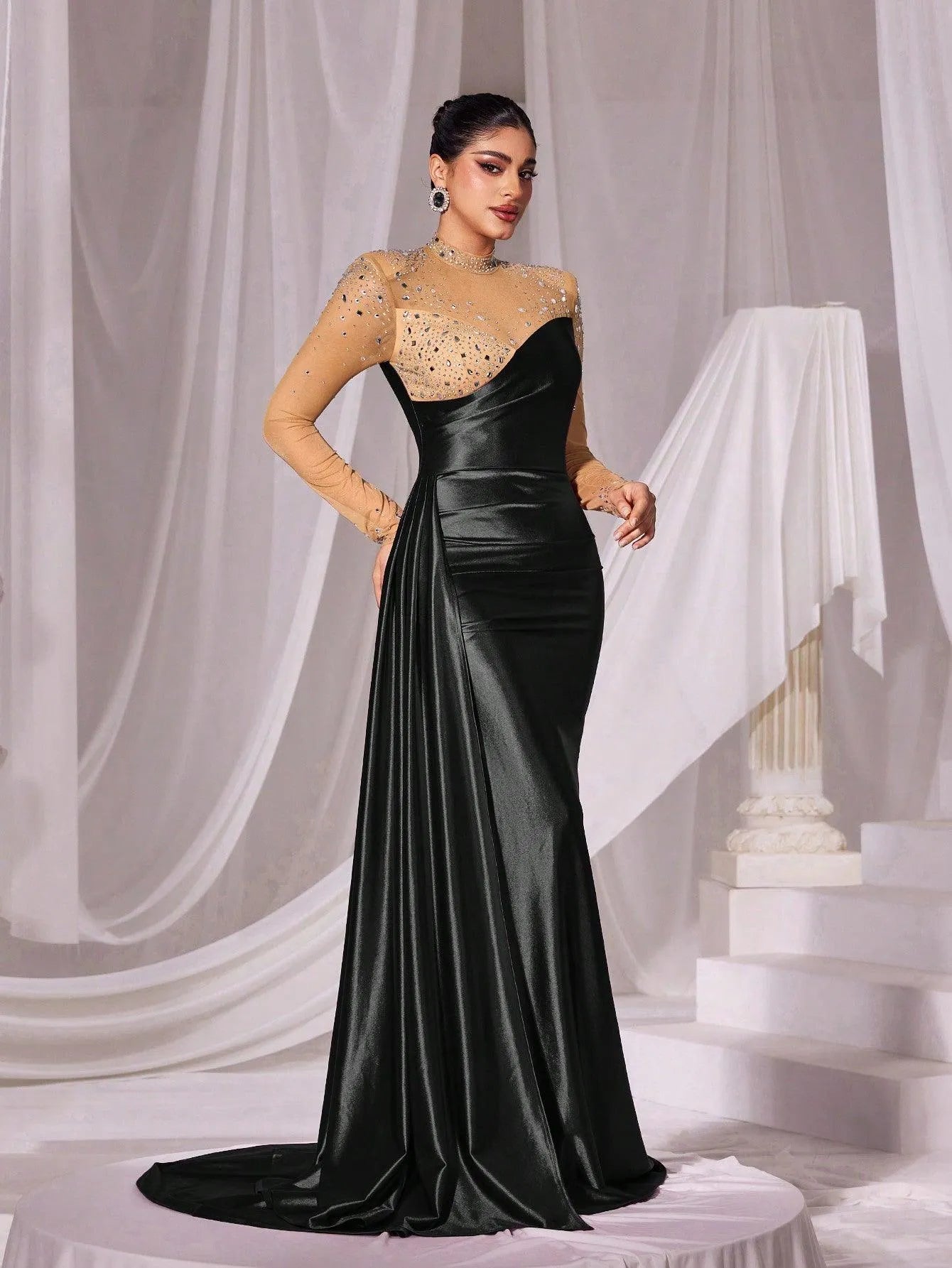 Rhinestone Detail Mock Neck Satin Mermaid Prom Dress - Elonnashop