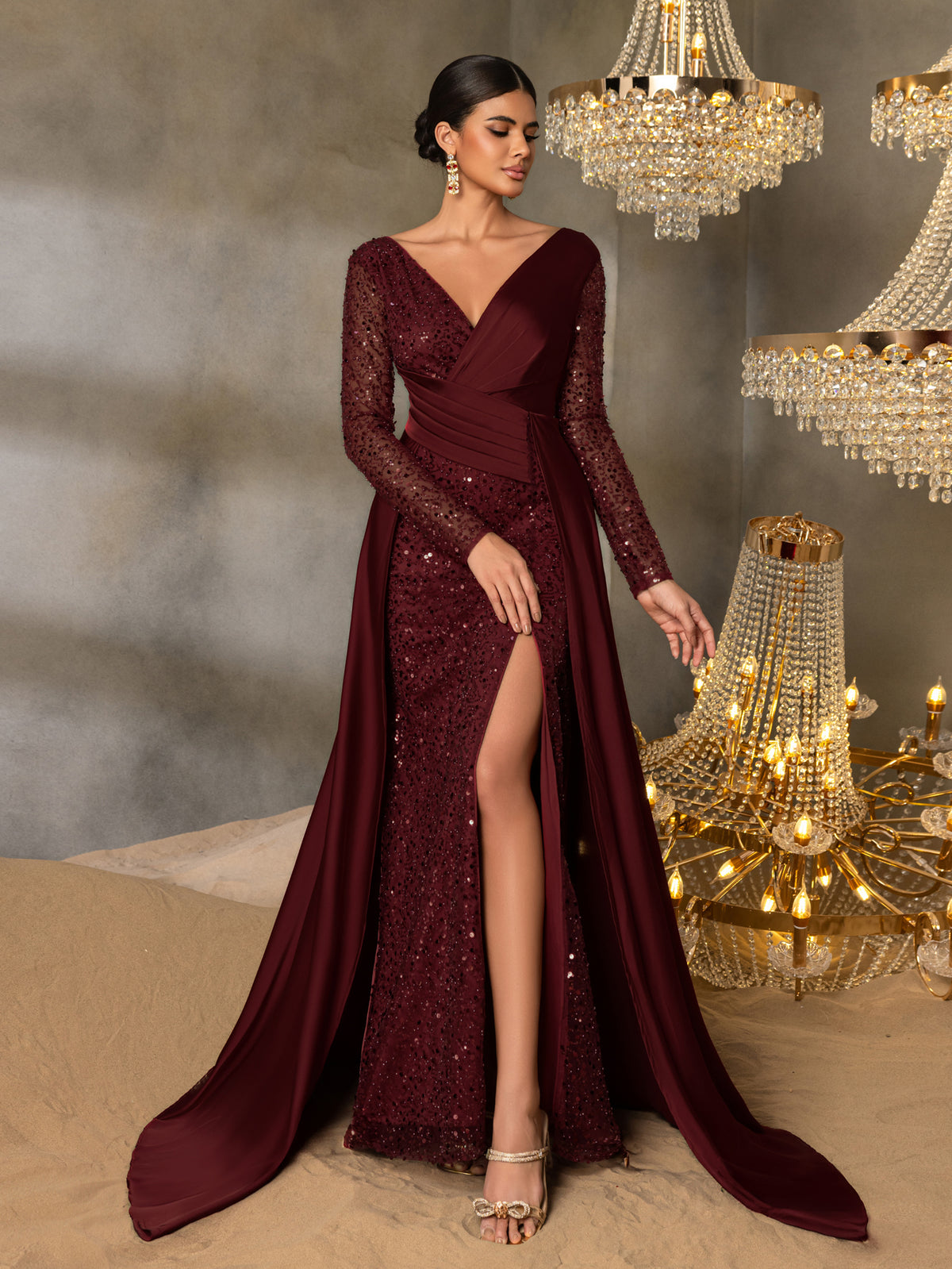 Sequin Evening Gown with Sheer Long Sleeves, Deep V-Neck & Back V-Cut | Elegant High Slit Formal Dress for Special Occasions