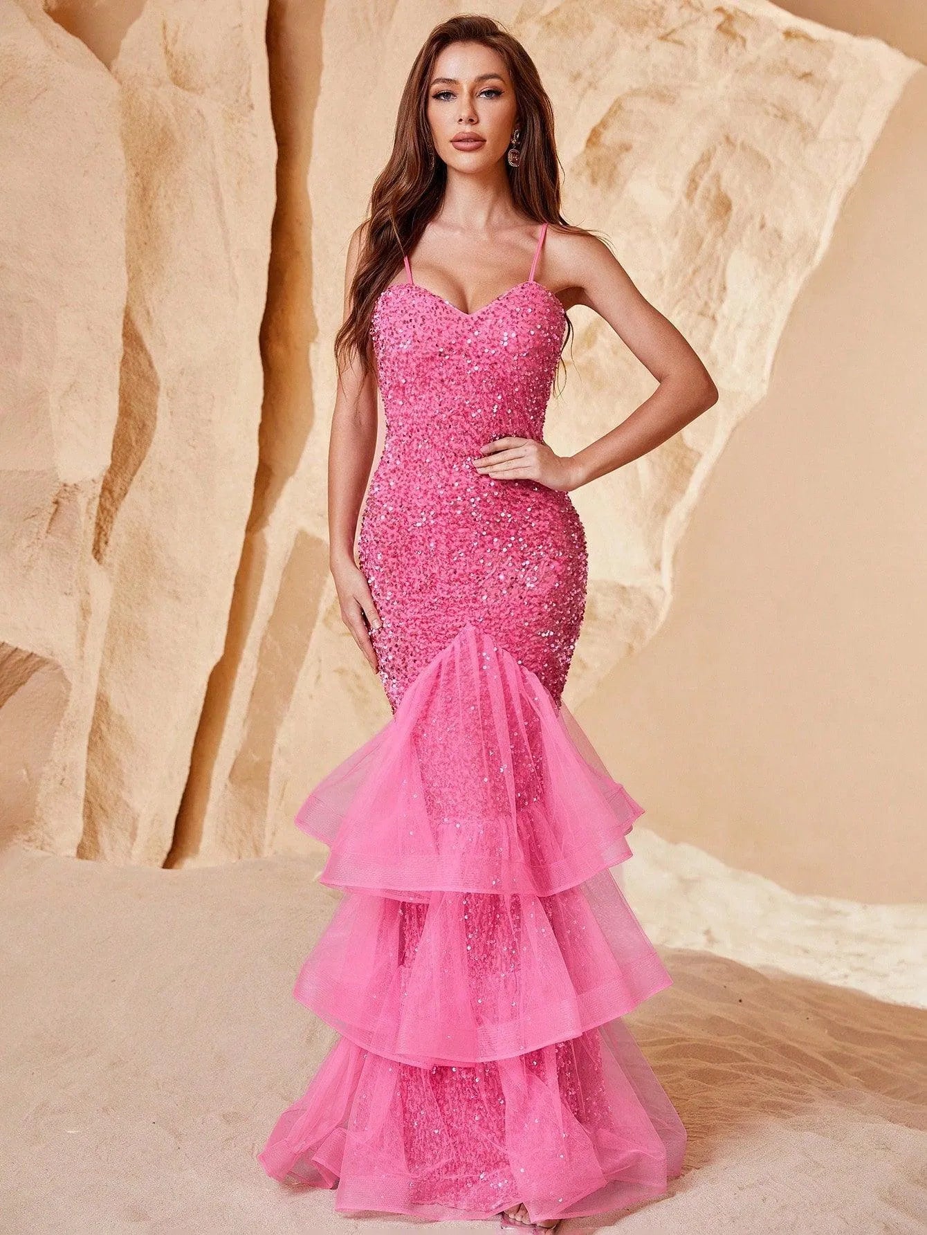 Spaghetti Strap Back Cut Out Sequin Mermaid Dress - Elonnashop