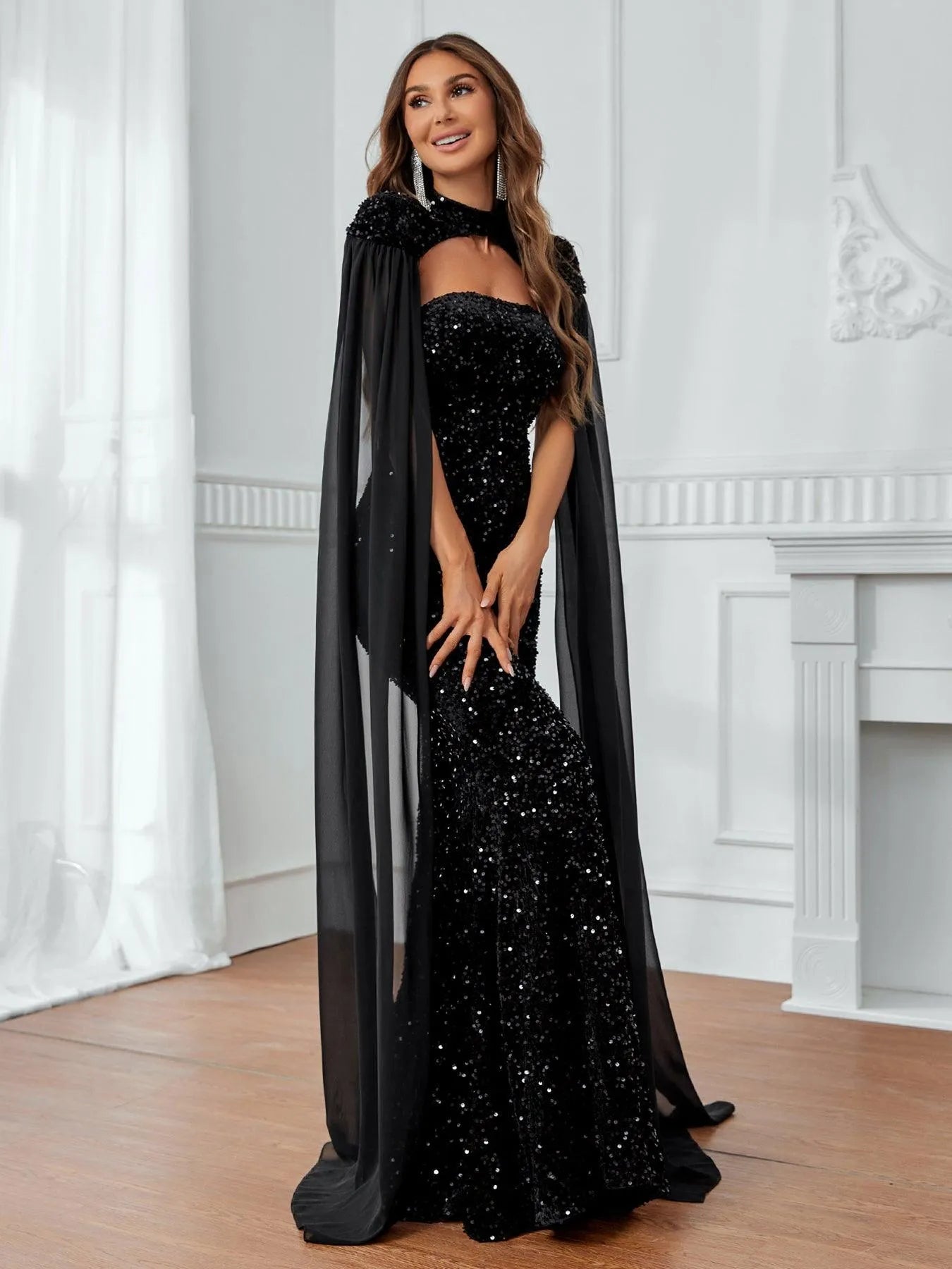 Black Chiffon Cloak Sleeves Sequin Tube Dress - Elonnashop