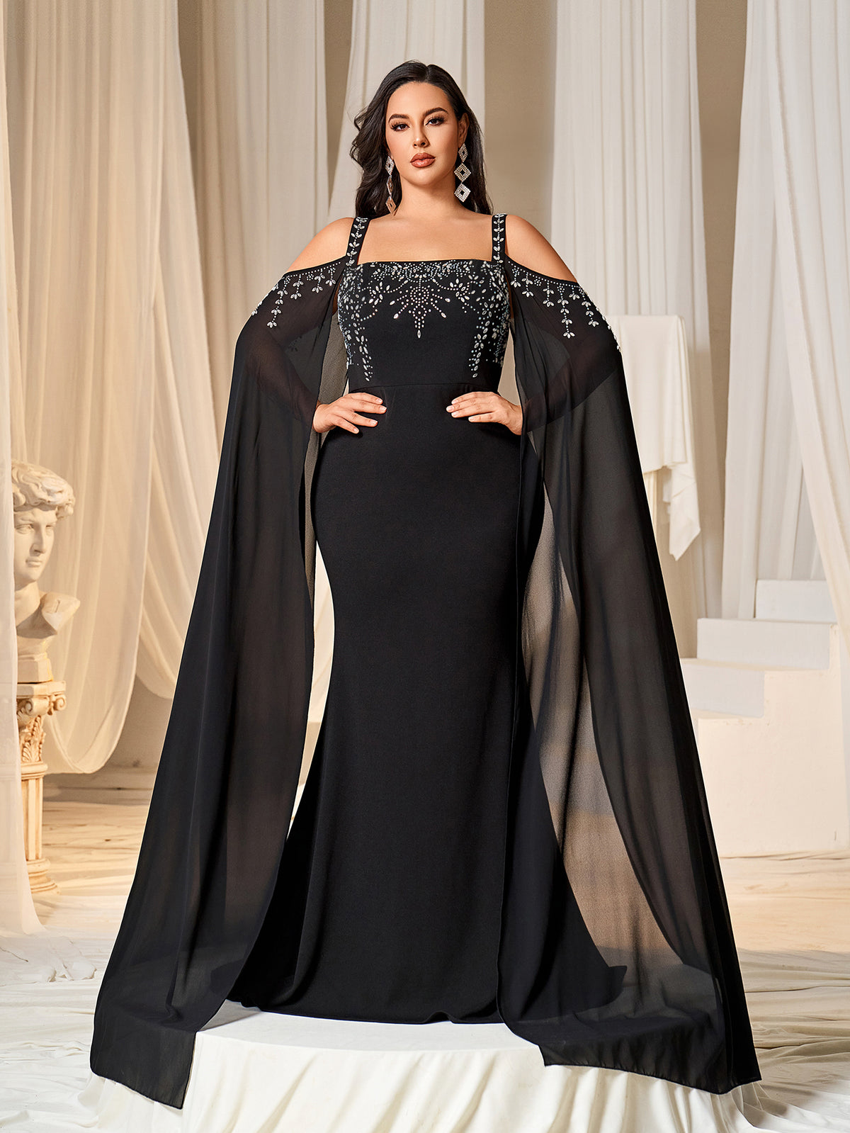 Plus Rhinestone Detail Cold Shoulder Cloak Sleeves Mermaid Hem Formal Dress Evening Dress