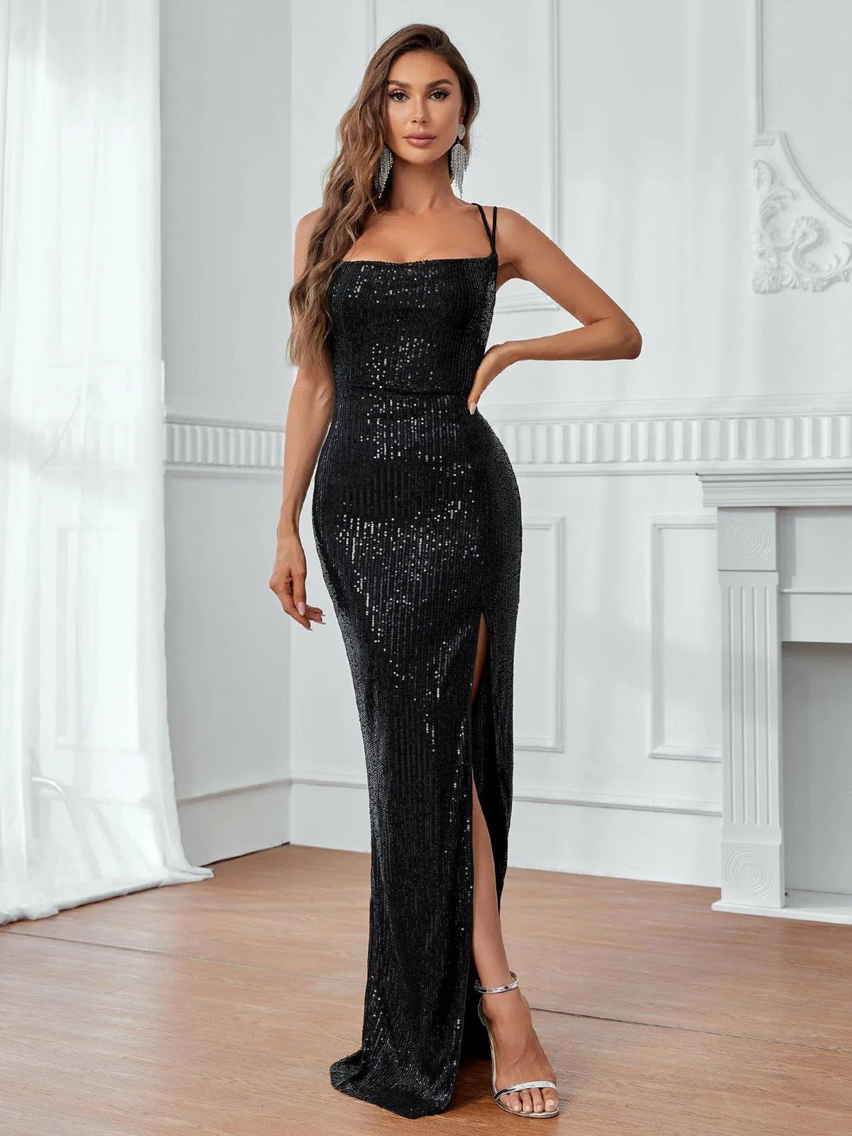 Elegant Backless Split Thigh Sequin Cami Party Dress - Elonnashop