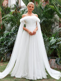 Off Shoulder Ruched Front Cloak Sleeve Mesh Wedding Dress - Elonnashop