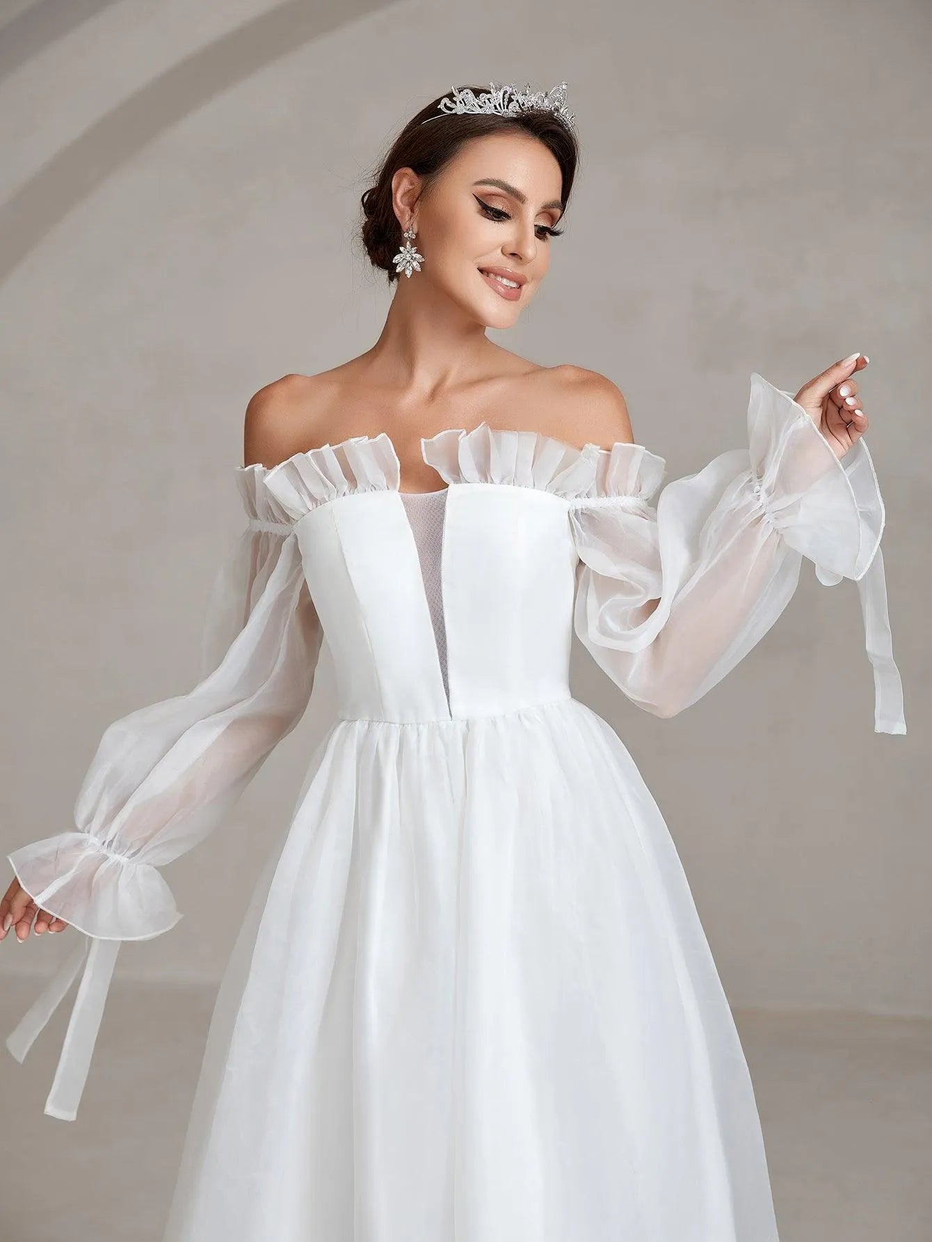 Ruffle Trim Off Shoulder Flounce Sleeve A Line Wedding Dress - Elonnashop