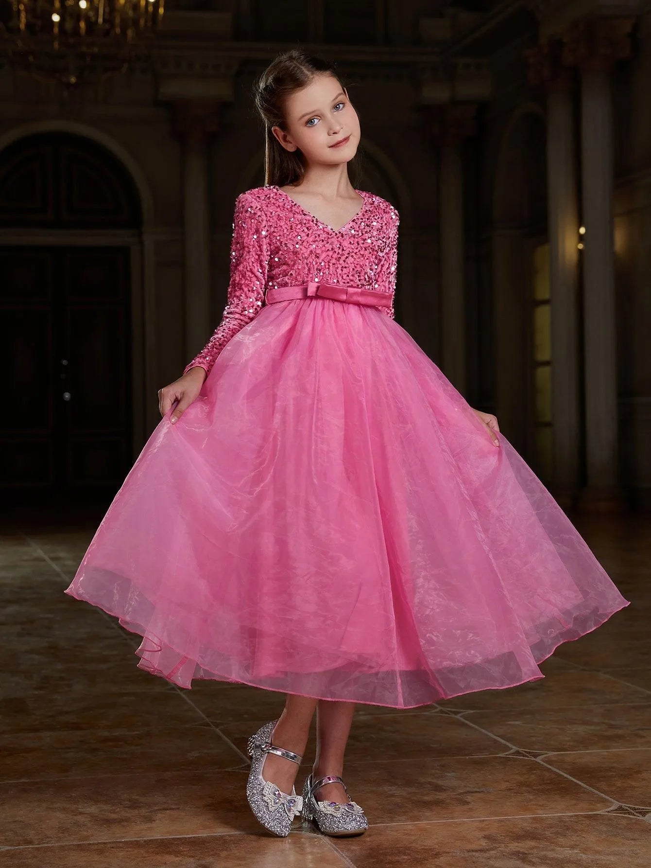 Tween Girls' V Neck Long Sleeve A Line Prom Dress - Elonnashop